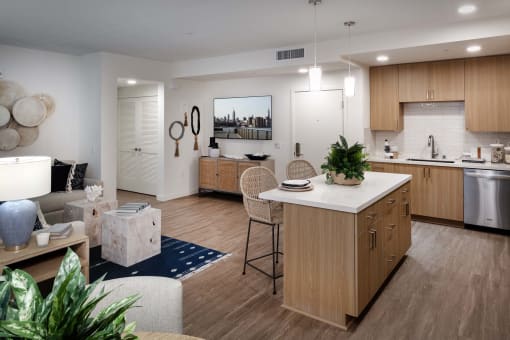 a kitchen and living room in an apartment at Luma at El Corazon Apartments, Oceanside