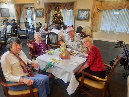 A group of people are sitting around a table in a room with a Christmas tree in the background  at Savannah Grand of Sarasota, Sarasota, Florida