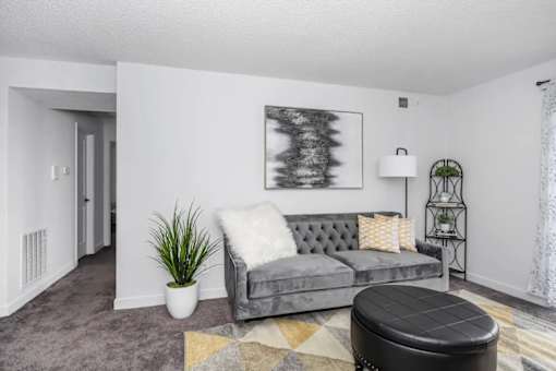 A grey couch with a white pillow is in the middle of a room with a grey rug and a black ottoman.