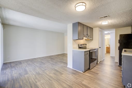 an empty apartment with a kitchen and a living room