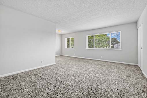 A room with a carpeted floor and a window showing trees and a house.