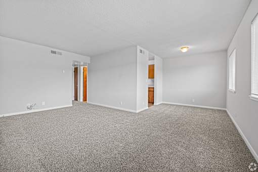 A sparsely furnished room with a grey carpet and white walls.