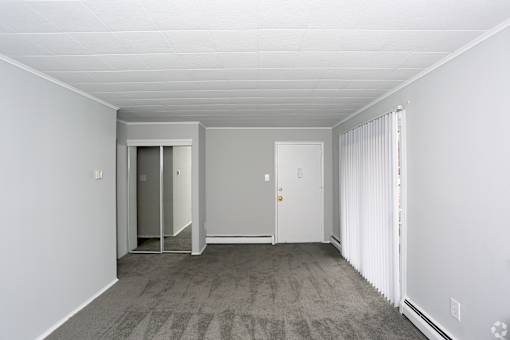A room with a carpeted floor and a sliding glass door.