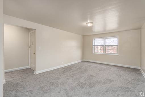 A room with a carpeted floor and a window with a view of trees outside.