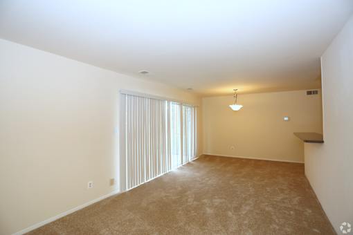 A large, empty room with a carpeted floor and a window with blinds.
