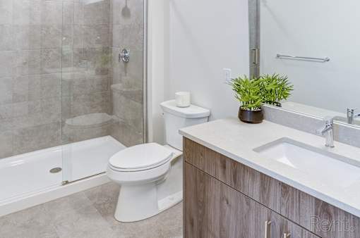A white toilet sits next to a walk-in shower in a bathroom.