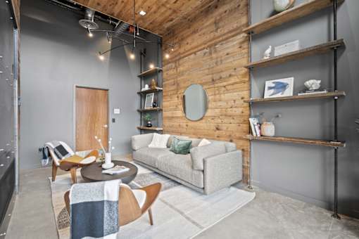 a living room with a couch and a coffee table at The Audubon New Haven, New Haven, CT, 06511
