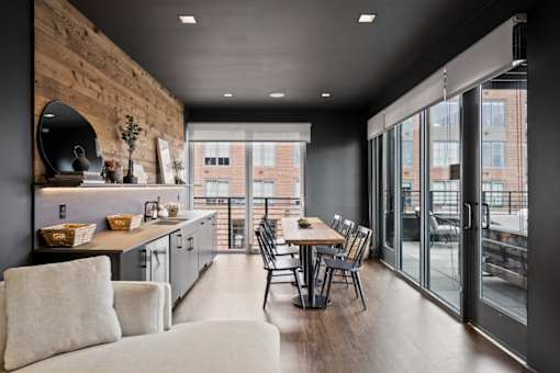 a view of a room with many lines of glass and a brown and white wall at The Audubon New Haven, New Haven