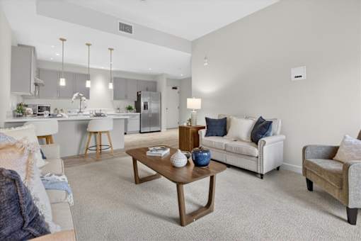 A modern living room with a wooden coffee table and a grey sofa.