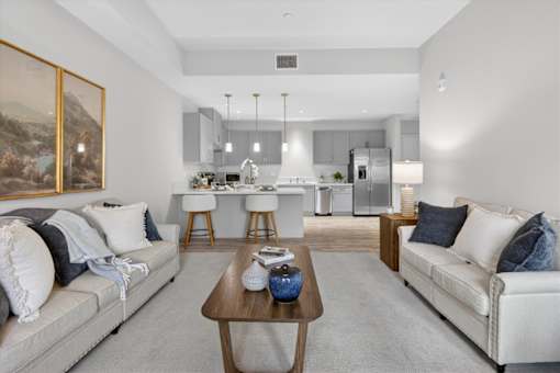 A modern living room with a grey sofa and a coffee table.