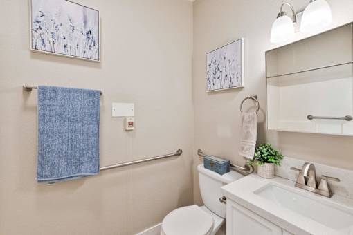 A bathroom with a toilet, sink, and a blue towel hanging on the wall.
