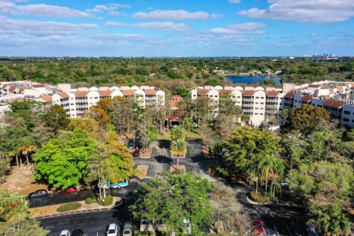 an aerial view of the resort with trees and buildings