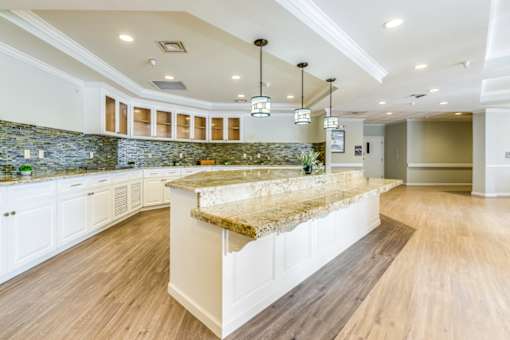 A kitchen with a marble countertop and wooden flooring.