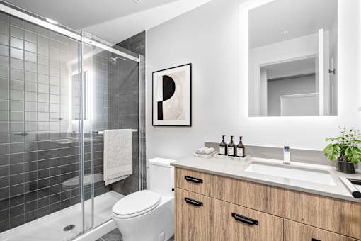 Suite 2502 - A modern bathroom with a white toilet, a sink, a mirror, and a shower with a glass door.
