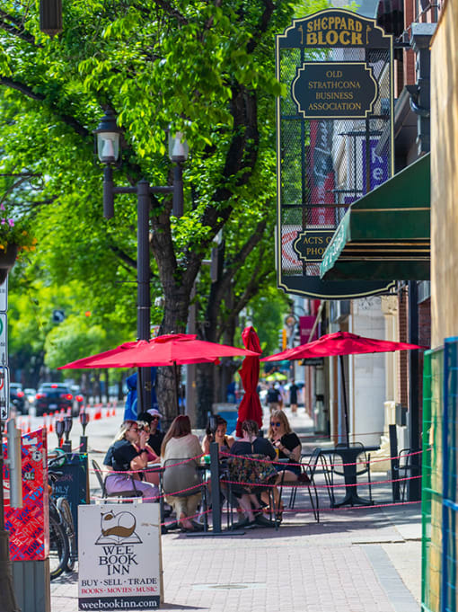Summer patios on Whyte Ave at Southpark, Edmonton, AB