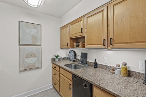 a kitchen with wood cabinets and granite counter top and a sink