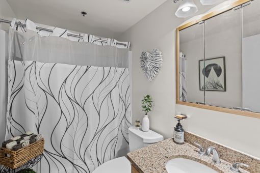 a bathroom with a shower curtain and a sink and a toilet