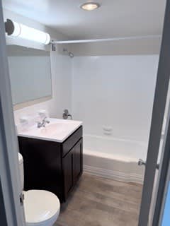 A bathroom with a toilet, sink, and mirror.