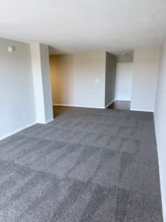 A family room with a carpeted floor and white walls.