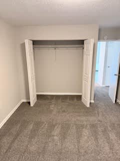 A view of the closet in a bedroom with a grey carpet and a white door.