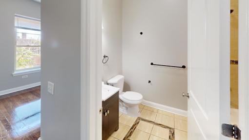 A bathroom with a toilet, sink, and a rug on the floor.