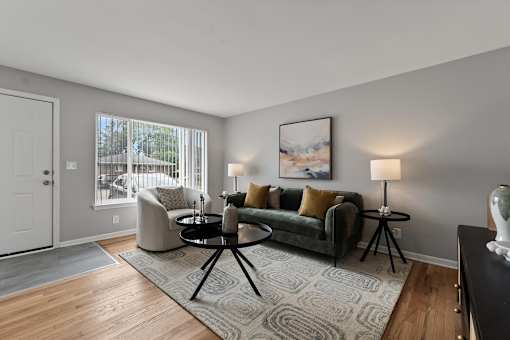 A living room with a green couch and a grey rug.