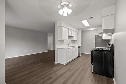 A kitchen area with a sink, cabinets, and a dishwasher.