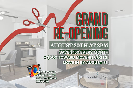 A grand re-opening advertisement for a store with a red ribbon and a TV on the left side.