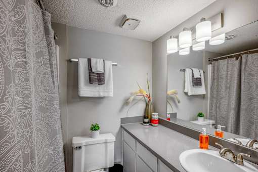 A bathroom with a white toilet, sink, and a mirror.