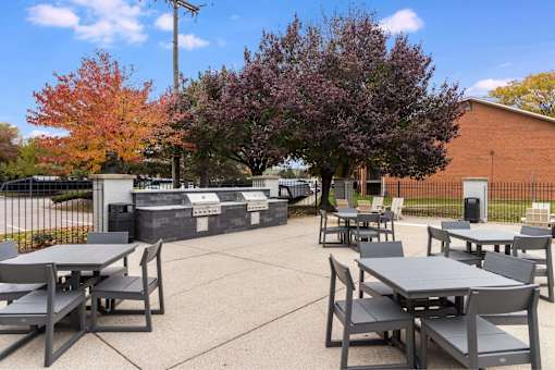 A park with tables and chairs surrounded by trees.