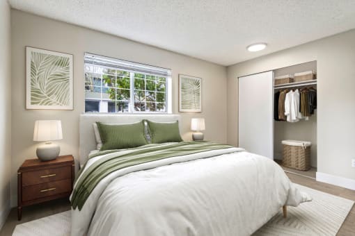 an image of a bedroom with a closet and a bed