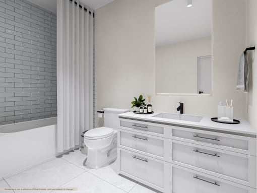 a white bathroom with a white sink and toilet and a shower