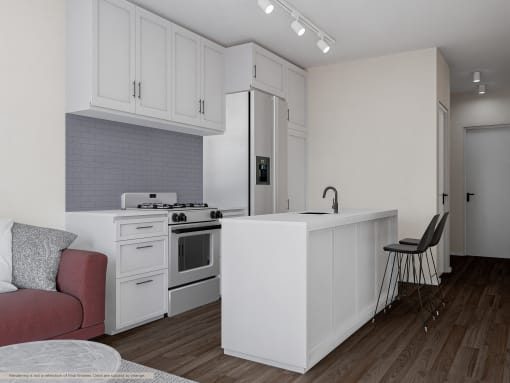 a rendering of a kitchen with white cabinets and a white counter top