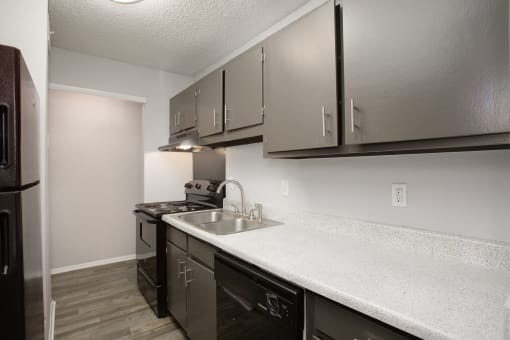 Apartment kitchen with sink and refrigerator