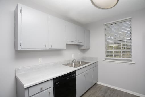 an empty kitchen with white cabinets and a sink and a window