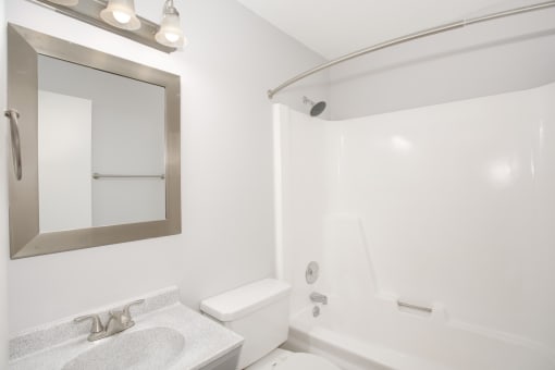 a bathroom with a mirror and a toilet and a sink