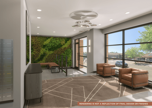 a rendering of a lobby with a green wall