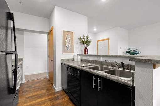 Stylish Kitchen with stainless stell sink at Tustin Apartment Homes, Yelm, WA, 98597