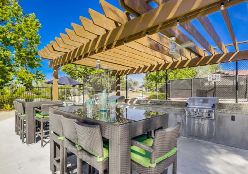 Temecula Apartments for Rent - Vista Promenade BBQ Area with Grills, Covered Patio, Modern Patio Furniture, and Ceiling Fan