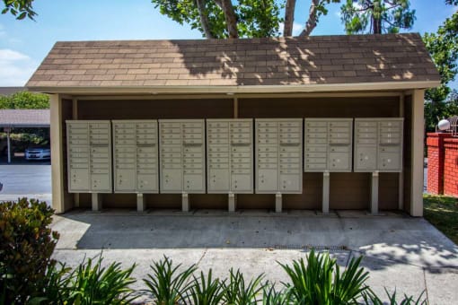 a row of lockers in front of a building at Aspire Rialto, Rialto California