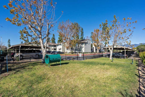 a park with trees and houses in the background at Aspire Rialto, California
