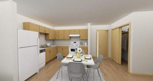 A kitchen with a table and chairs in the middle of the room.