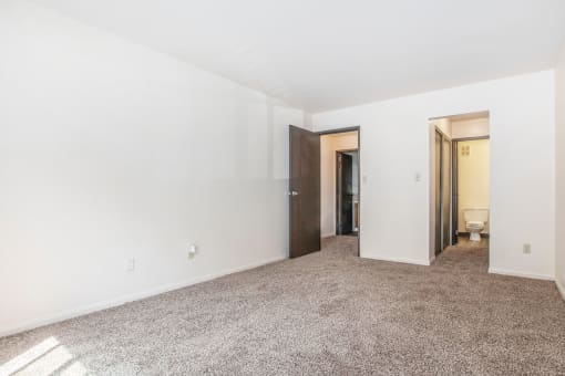A room with a carpeted floor and two doors.