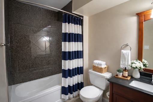 A bathroom with a white toilet, a sink, and a shower with a blue and white striped shower curtain.