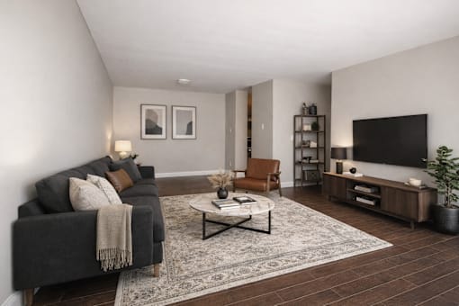 A living room with a grey couch, a coffee table, and a television.