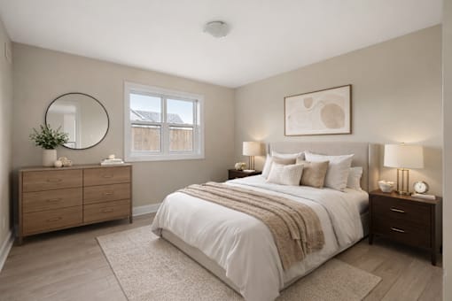 A bedroom with a large bed, a dresser, and a mirror.