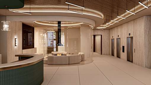 a rendering of a lobby with a reception desk and couches at The Woods at 180 Kanata Avenue, Kanata, K2K 3L9