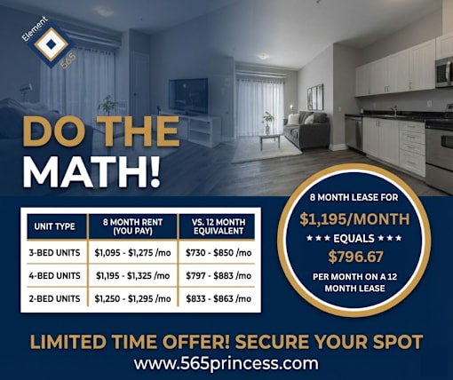 An advertisement for a 565 princess apartment lease offering a limited time deal.
