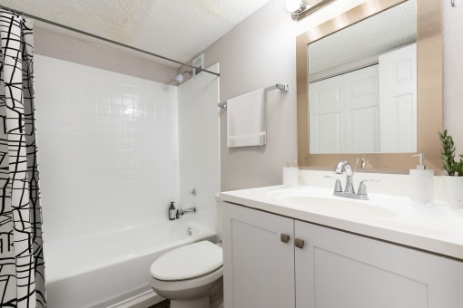 a bathroom with a sink toilet and bathtub, Timberfalls Apartments