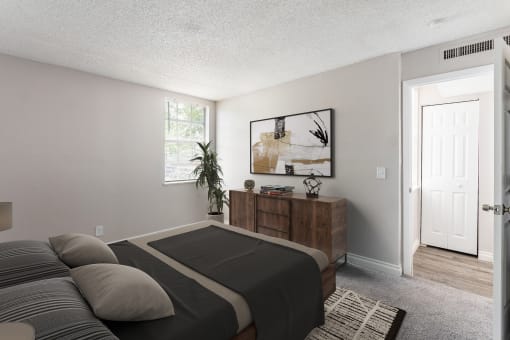 a furnished bedroom, Timberfalls Apartments